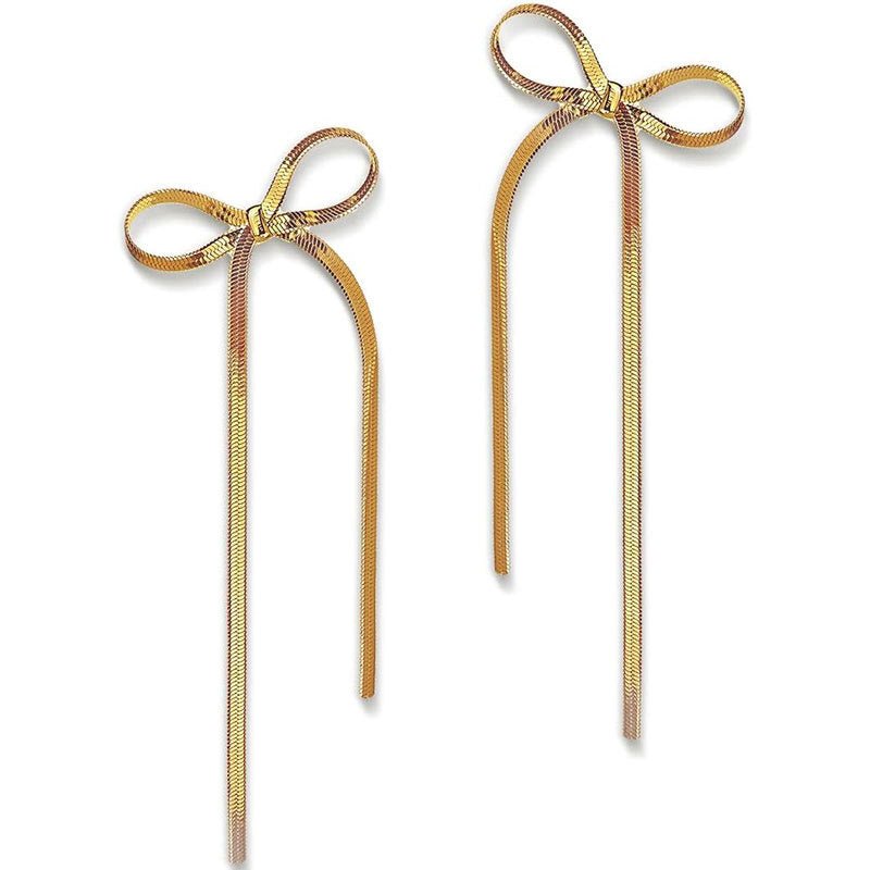 Long Silver and Gold Bow Earrings - Main Image