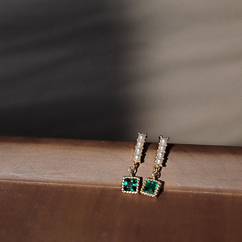 Emerald and Pearl Square Drop Earrings - Jewelry & Accessories - Earrings - Drop | EarReplaceable Jewelry