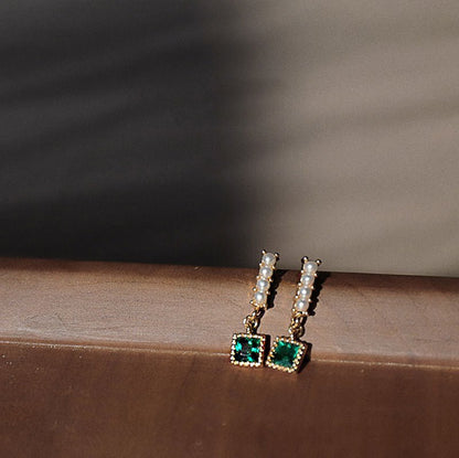 Emerald and Pearl Square Drop Earrings - Jewelry & Accessories - Earrings - Drop | EarReplaceable Jewelry