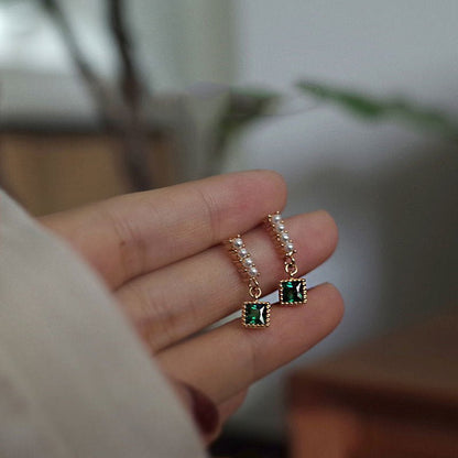 Emerald and Pearl Square Drop Earrings - Jewelry & Accessories - Earrings - Drop | EarReplaceable Jewelry