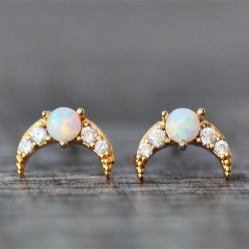 Opal and Gold Moon Stud Earrings - Jewelry & Accessories - Earrings | EarReplaceable Jewelry