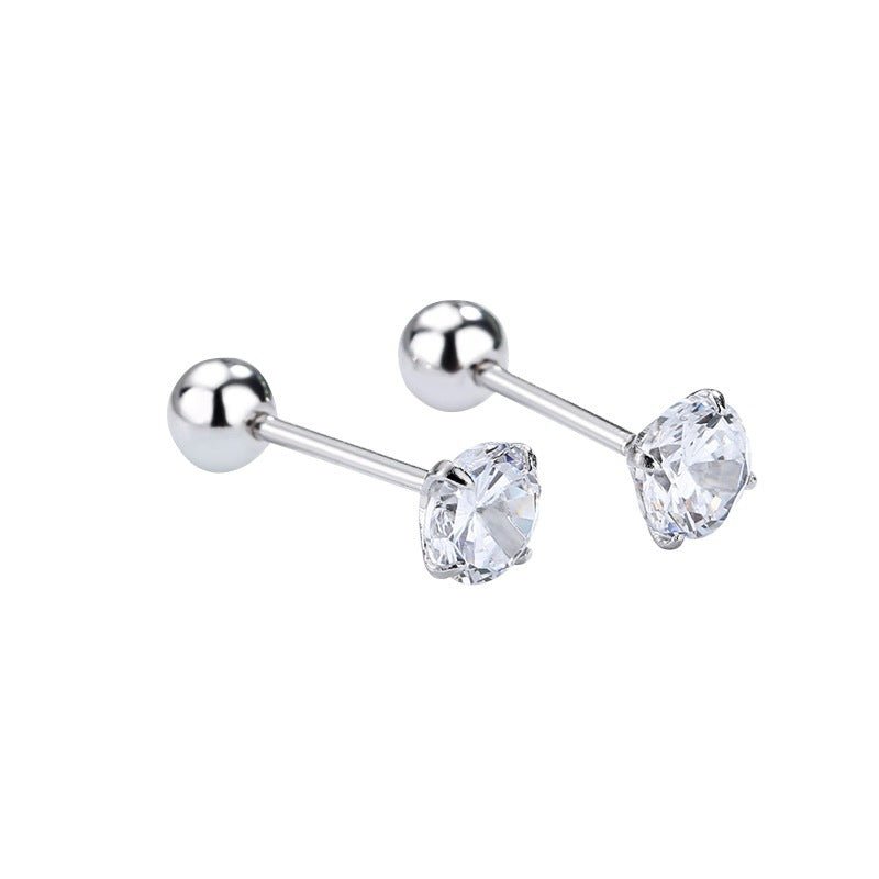 Sterling Silver and Zircon Four - claw Stud Earrings with Screw Backs - Jewelry & Accessories - Earrings-screw back studs