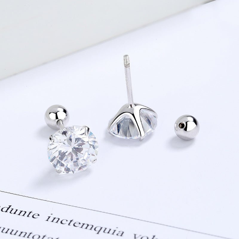 Sterling Silver and Zircon Four - claw Stud Earrings with Screw Backs - Jewelry & Accessories - Earrings -studs-diamonds